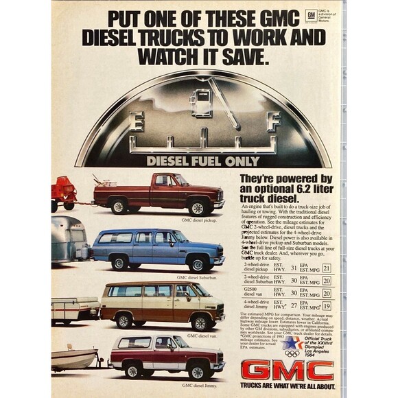 GMC Diesel Trucks "Jimmy-Van-Suburban & Pickup Trucks" Vintage Print Ad 1982 - Picture 1 of 3